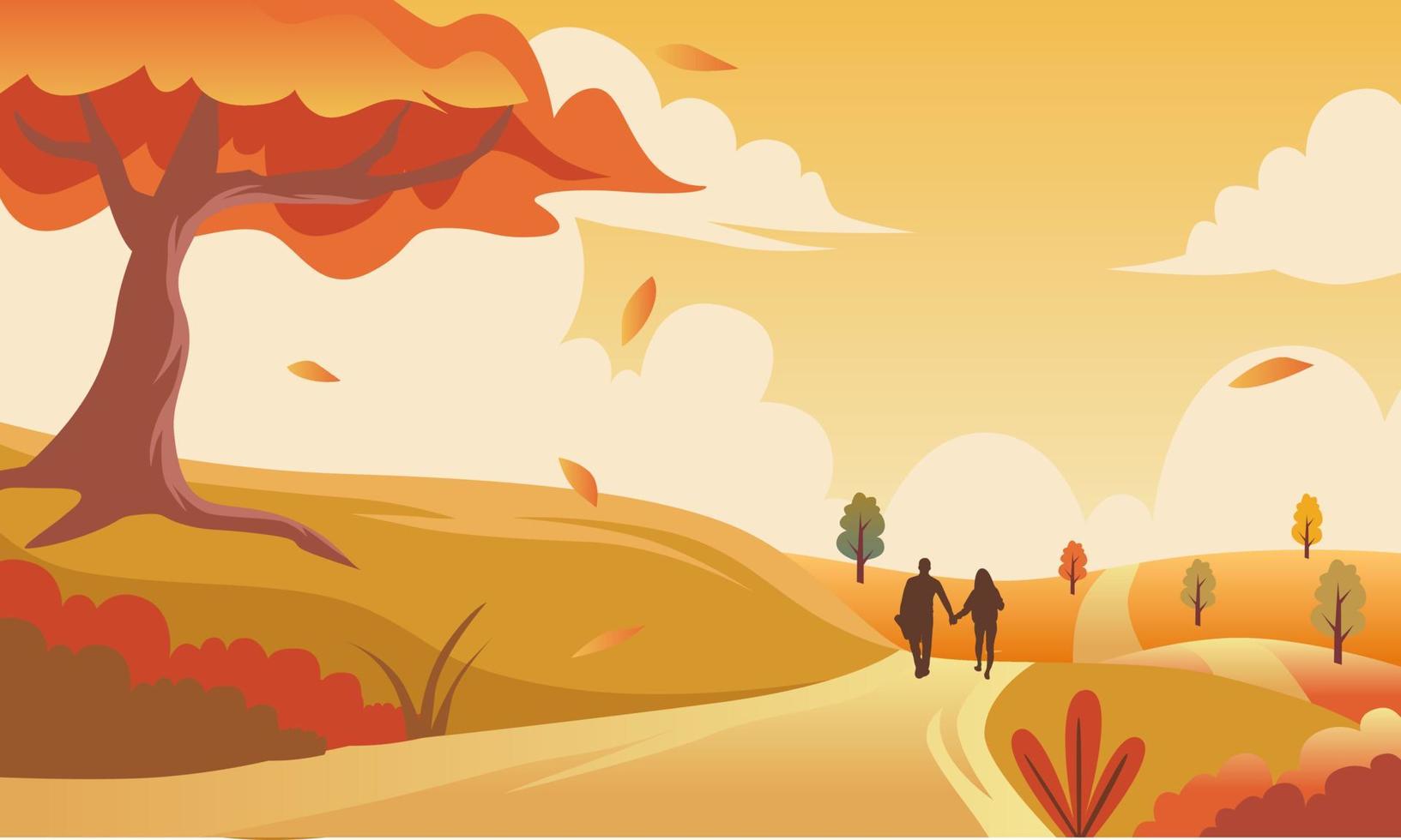 otoño romántico. vector de ilustración panorámica de otoño. pareja en hojas que caen con cielo naranja.