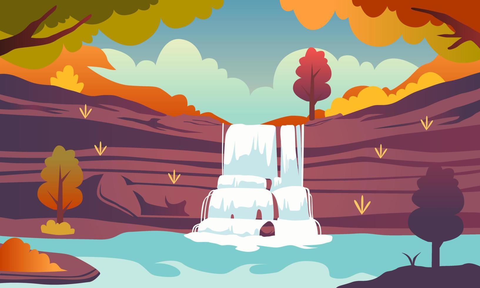 vector de ilustración panorámica de cascada de otoño. fondo cayendo hojas con escena del bosque