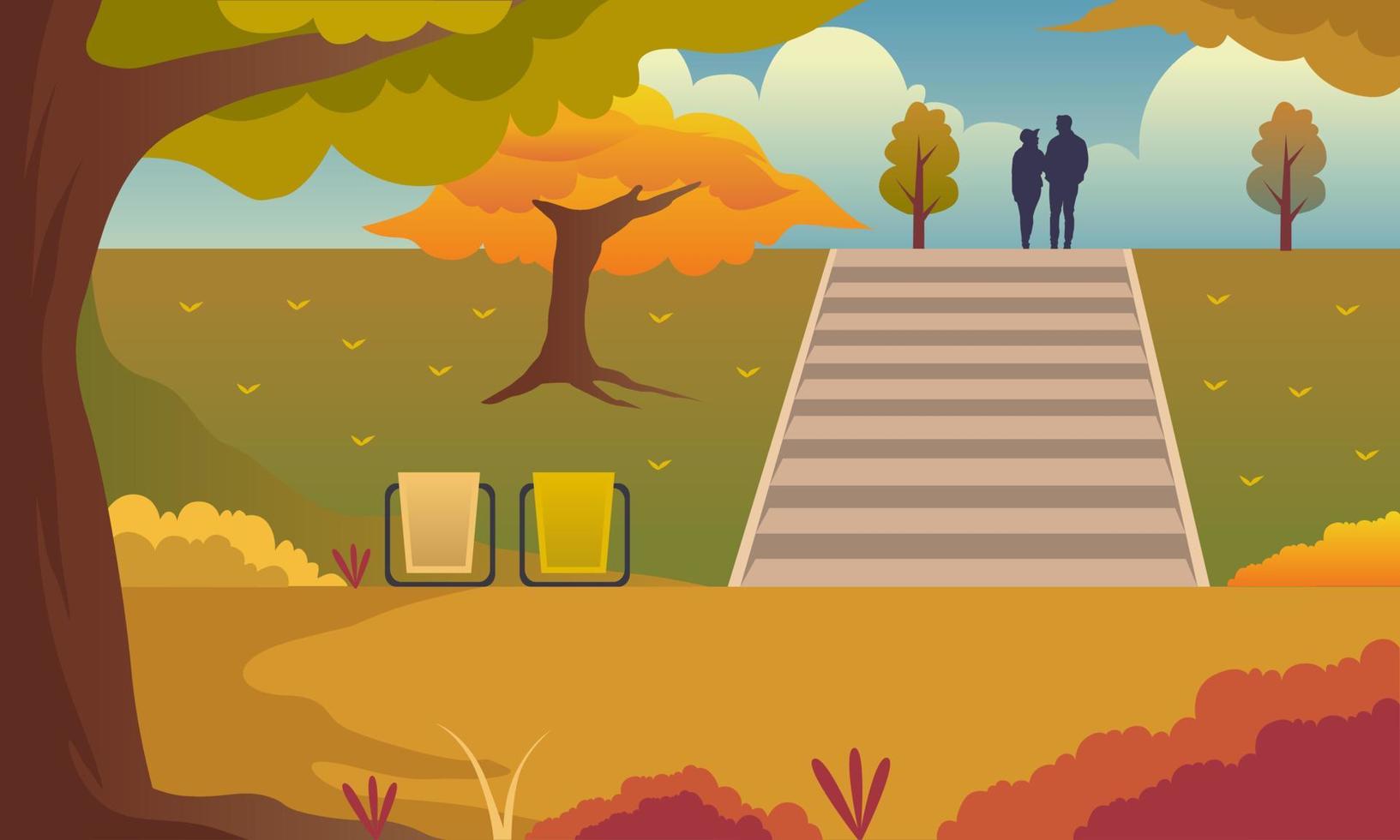 Autumn panoramic illustration vector background. Romantic Couple in falling leaves