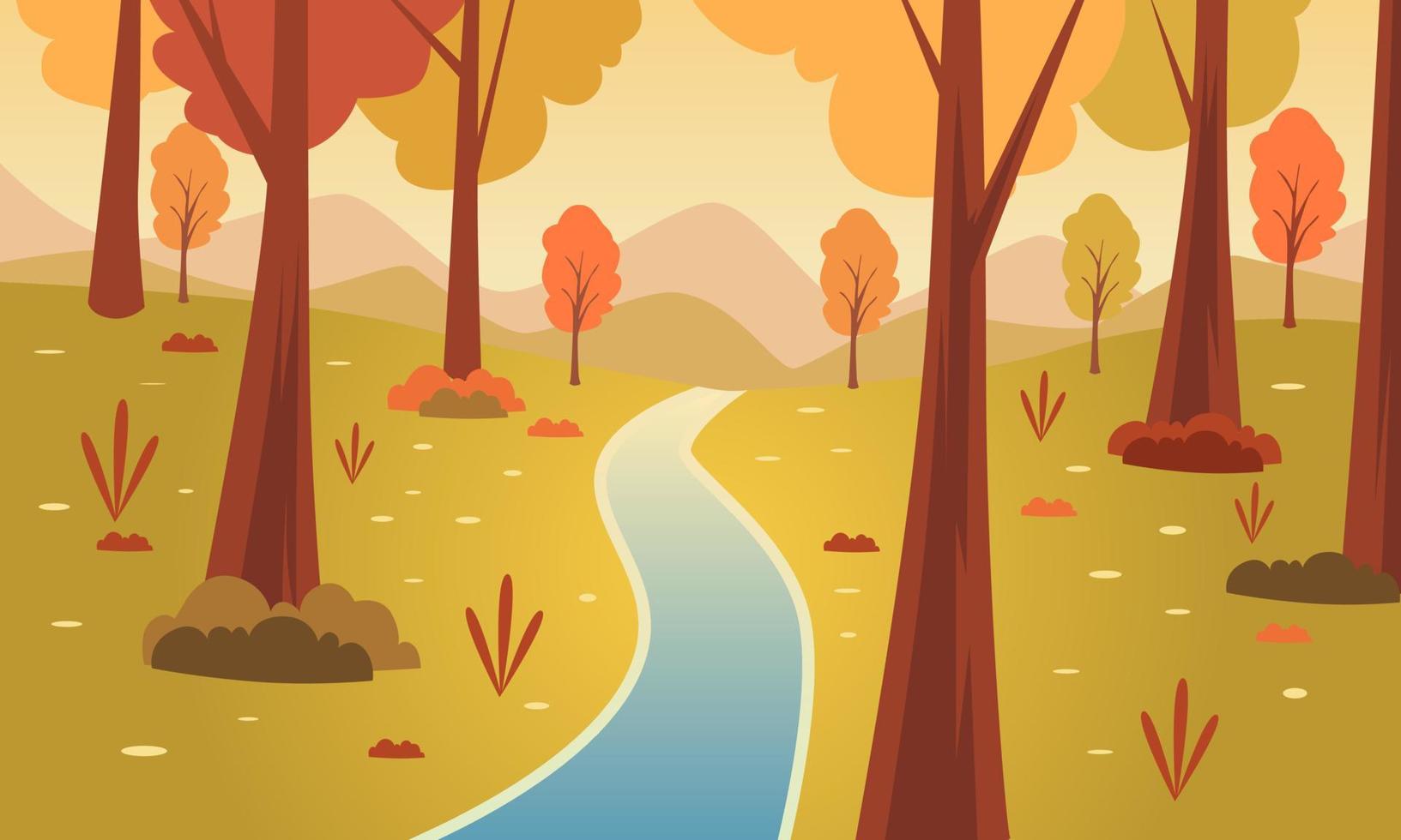 río de otoño en el bosque fondo de vector de ilustración panorámica. hojas cayendo con cielo naranja