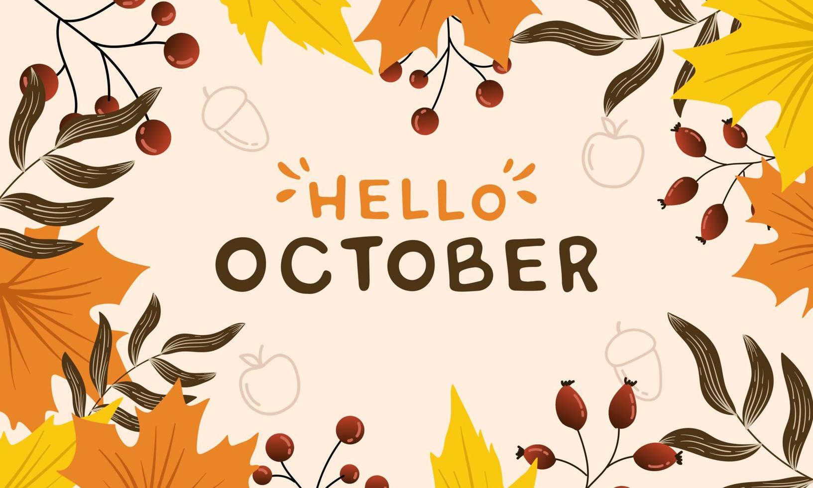 hola octubre, hola fondo de otoño floral, banner de saludos de otoño con hojas de otoño vector