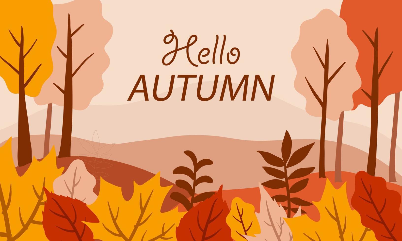 hola fondo de otoño, banner de saludos de otoño con escena de paisaje vector