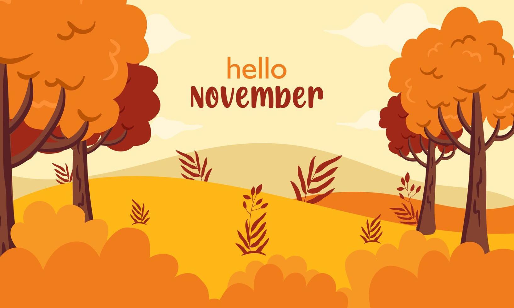 Hello November Autumn greetings Banner with fall trees and landscape illustration background vector