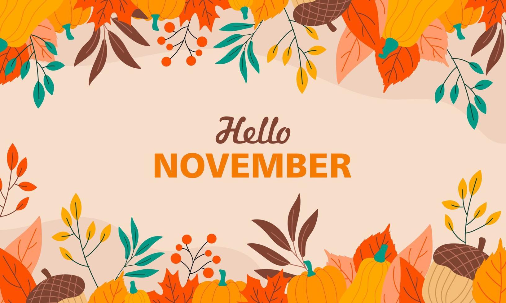 hola noviembre, fondo de otoño, banner de saludos de otoño con ilustración floral vector