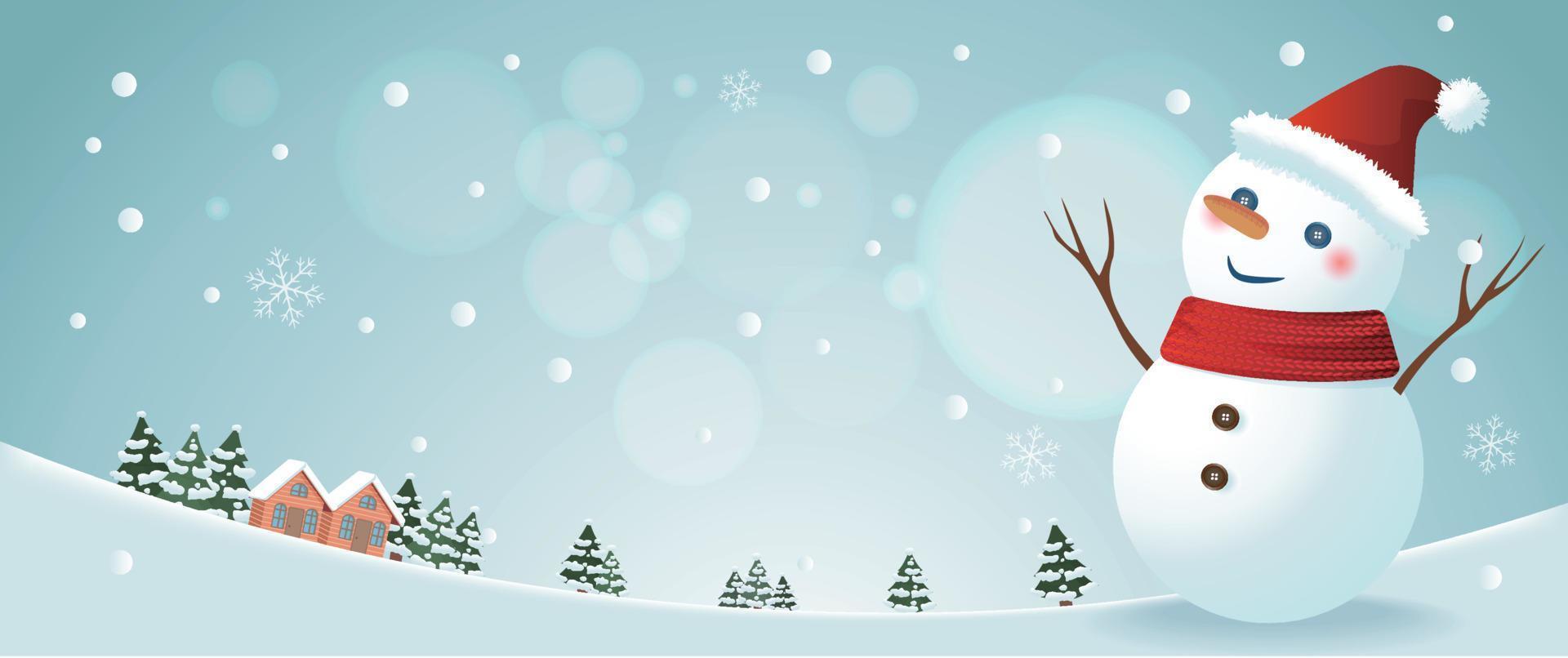 Winter scenery, there are snowman and pine trees and small houses vector