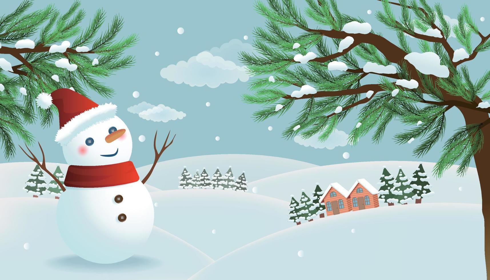 Winter scenery, there are snowman and pine trees and small houses vector