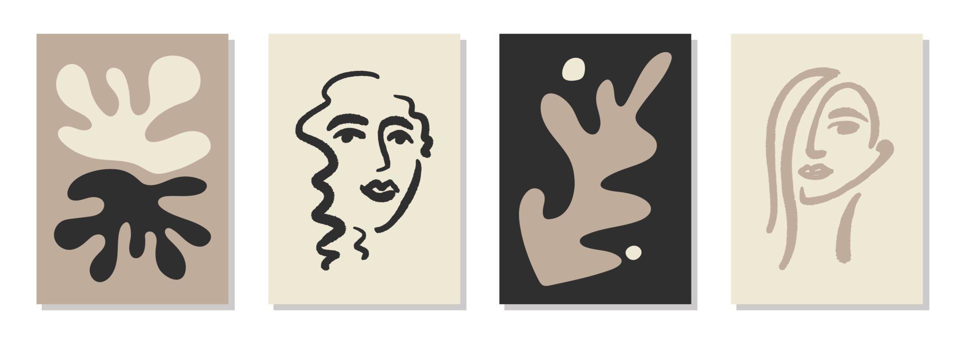 Set of 4 Matisse inspired wall art posters, brochure, flyer templates, contemporary collage. Organic line abstract and woman faces, hand drawn design, wallpaper. Dynamic shapes graphic vintage vector