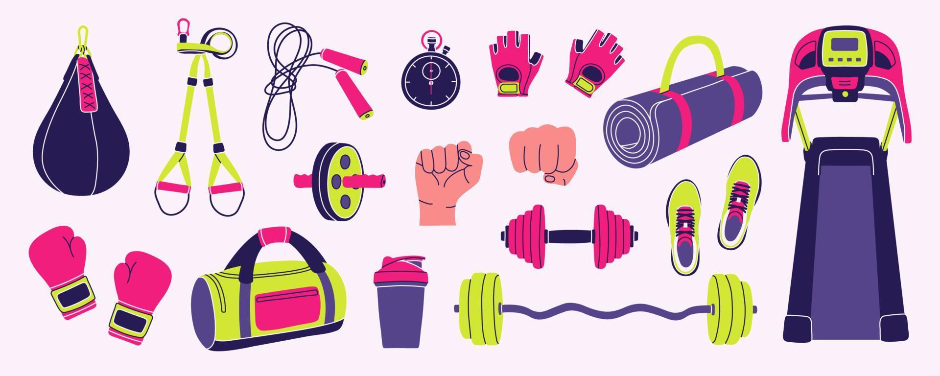 Sport equipment elements in modern flat line style. Hand drawn fitness inventory, gym accessories vector illustrations. Healthy lifestyle. Dumbbell, sport bag, barbell, fist, shoes, boxing gloves.