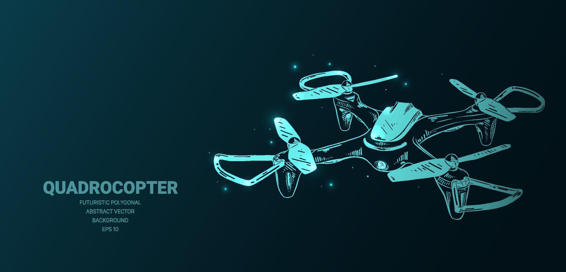 Futuristic style illustration for banners, decoration and web. Hand drawn sketch of glowing drone or helicopter in blue background. Detailed drawing. vector