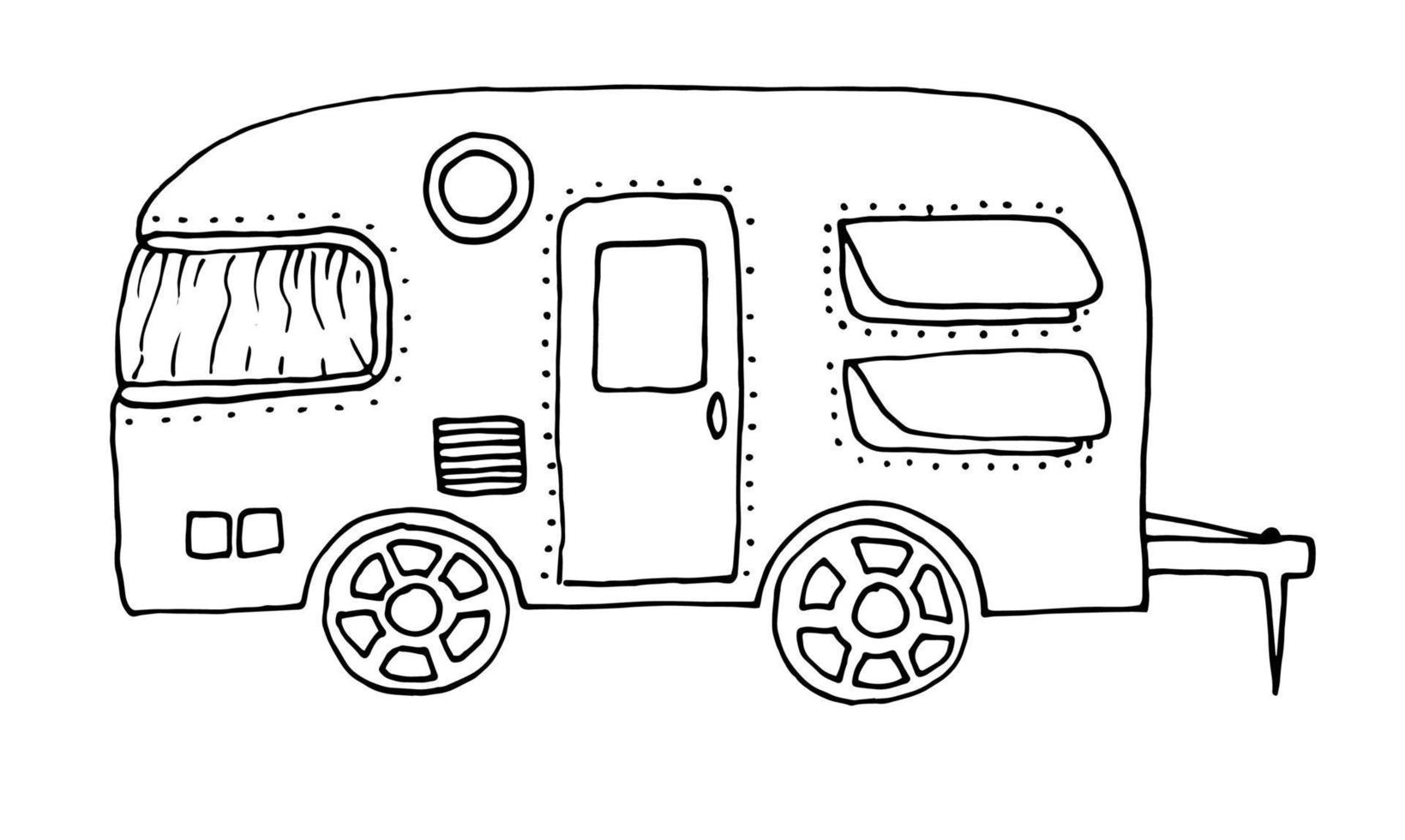 camper, vehículo recreativo, vehículos, camper, furgonetas, caravanas. ilustración vectorial dibujada a mano en estilo de contorno garabato vector