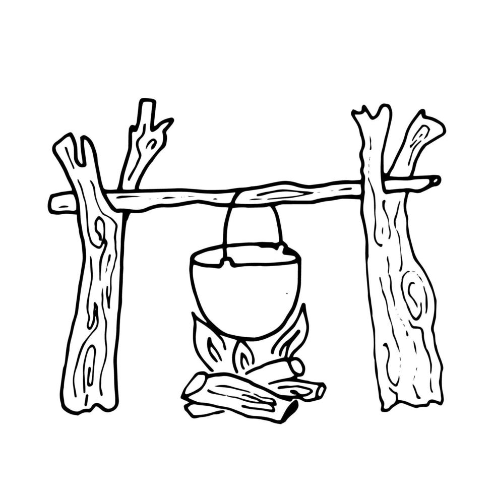 Vector Doodle Camping Pot with Soup Hanging on Wooden Log.Hand Drawn Travel Cooking on the Bonfire in Sketch style.Line Hiking Food in Cauldron for Design,Web, Graphic,Print.Outline Forest Lifestyle.