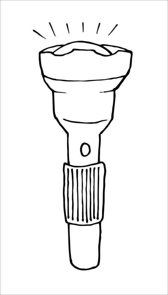 Flash. A tourist's flashlight. Black and white vector doodle illustration, hand-drawn. Isolated object on a white background. Clipart, template, sketch.