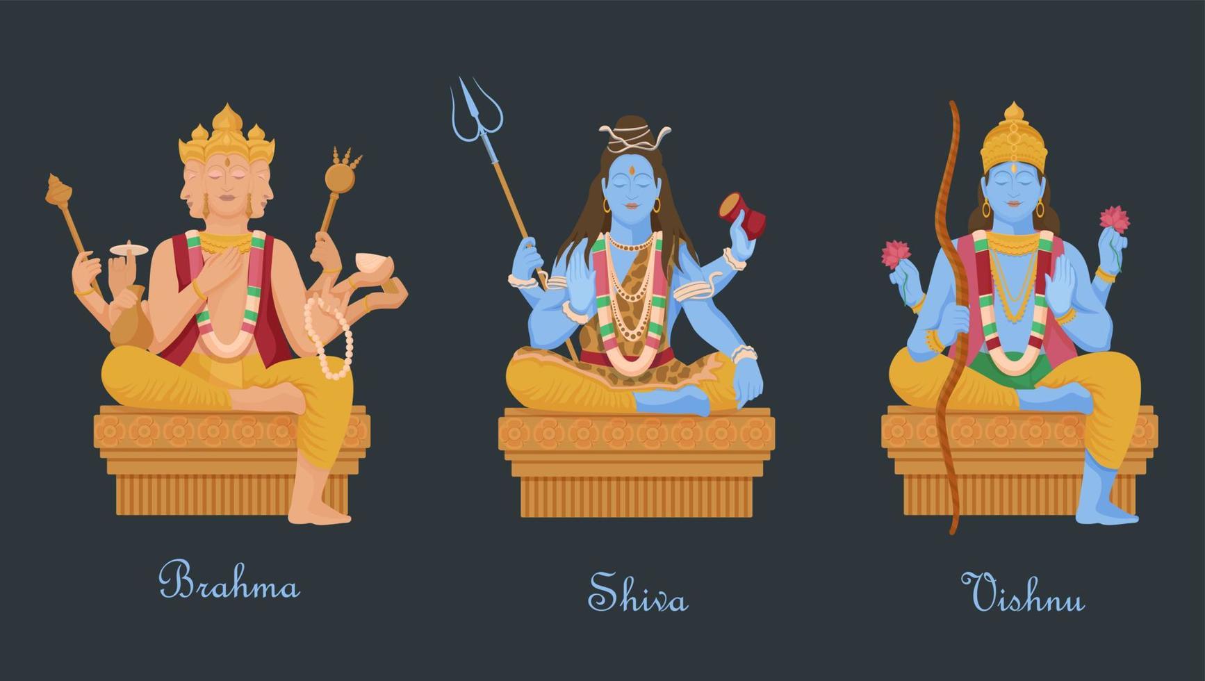 dioses del hinduismo vishnu, shiva, brahma. tres principales deidades hindúes creadores del universo vector de cuatro cabezas brahma con rosario shiva tridente y serpiente caricatura vishnu arco y loto.