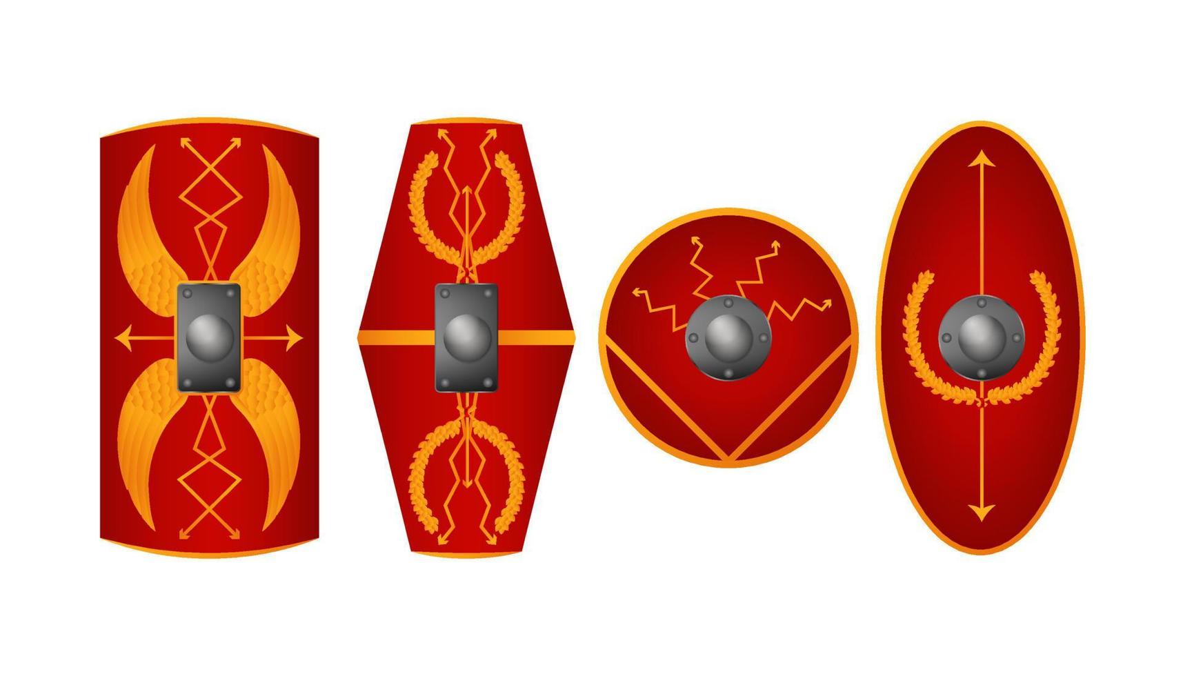 Roman antique shields set. Red hand geometric plates for protection vector