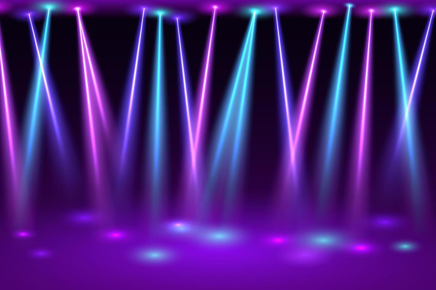 Disco hall with spotlights. Bright flashes of neon lamps on empty festive stage vector