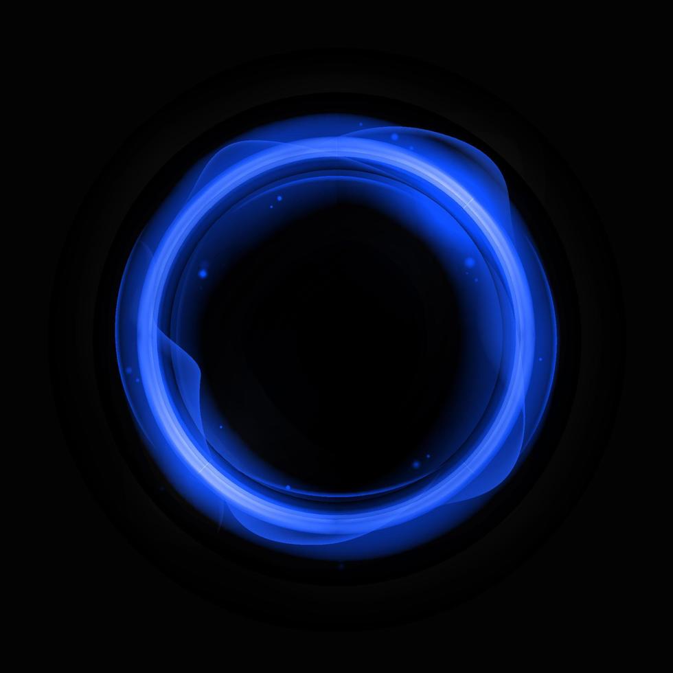 Blue energy circle template. Round banner frame with flashes electric waves with glowing digital glitter on dark vector surface