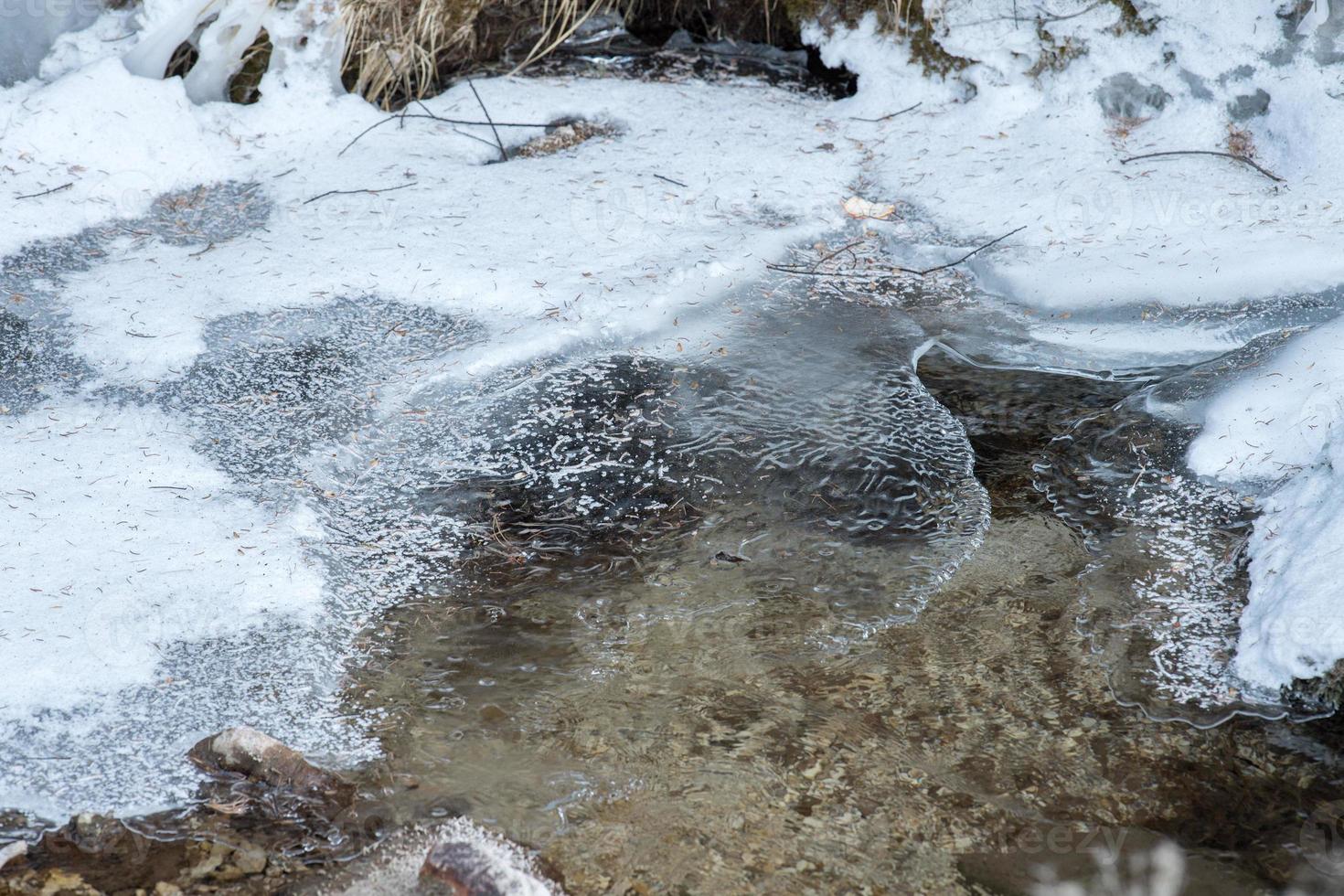 Frozen creek small waterfall in winter time photo