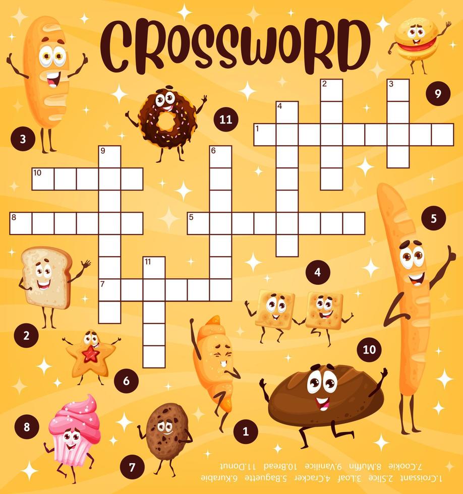 Cartoon bakery dessert characters crossword puzzle vector