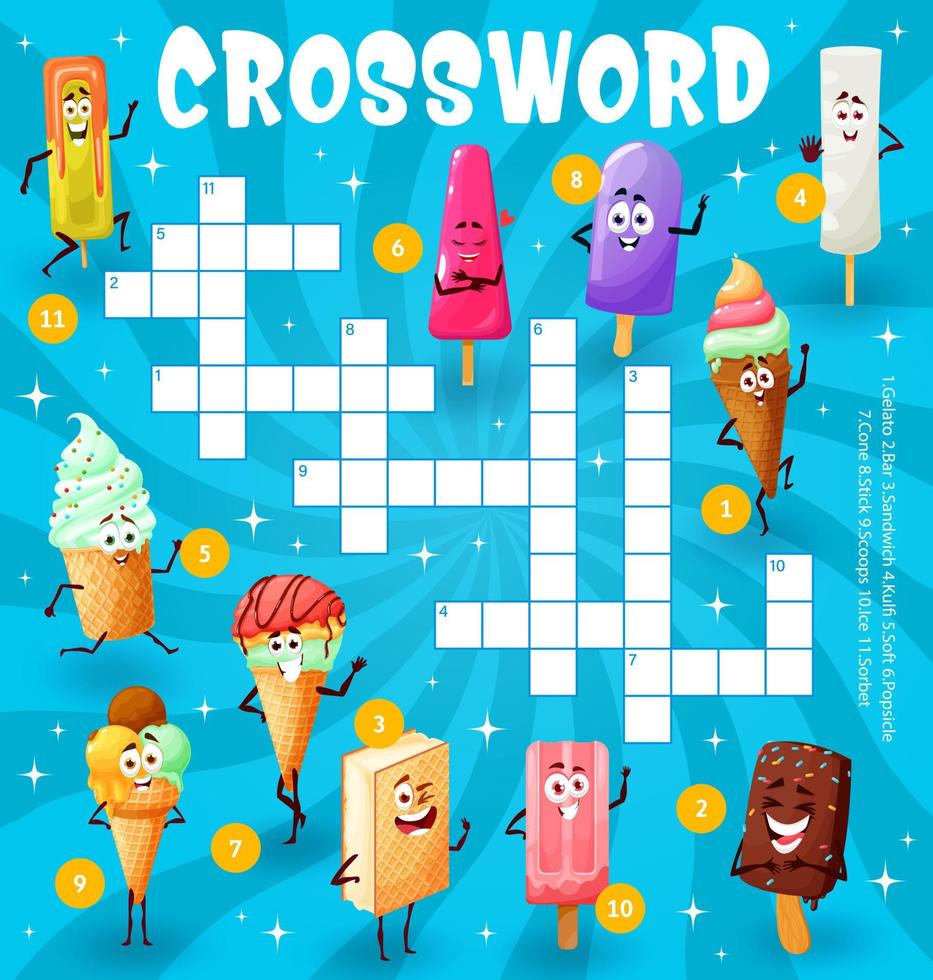 Cartoon ice cream characters crossword worksheet vector