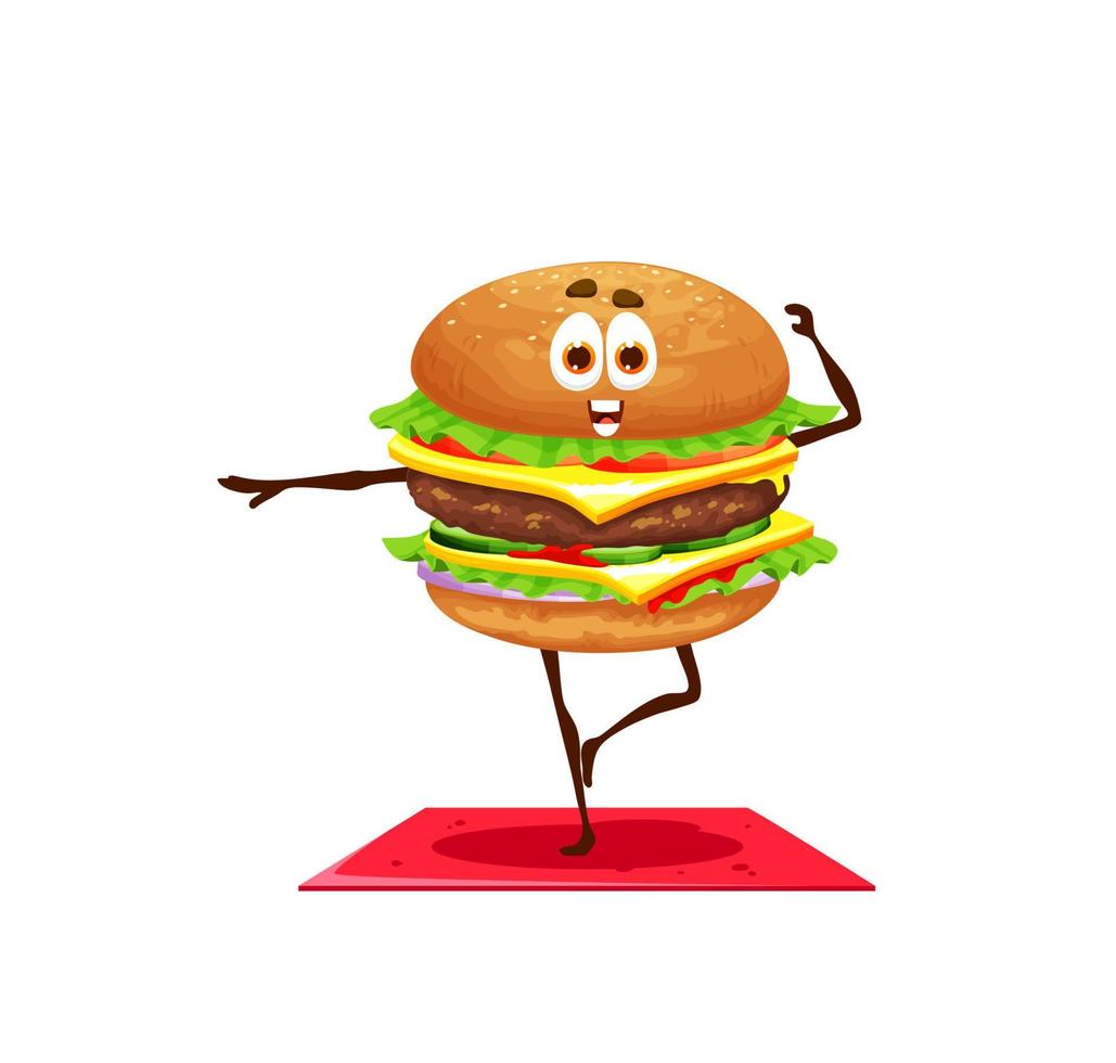 personaje de hamburguesa con queso de dibujos animados sobre yoga fitness vector