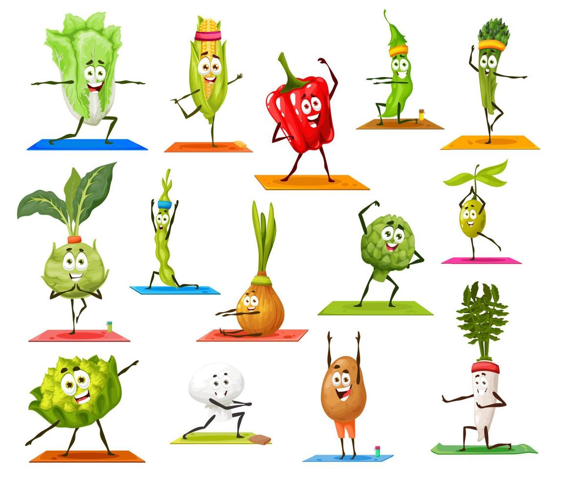 Cartoon vegetable characters on yoga and pilates vector