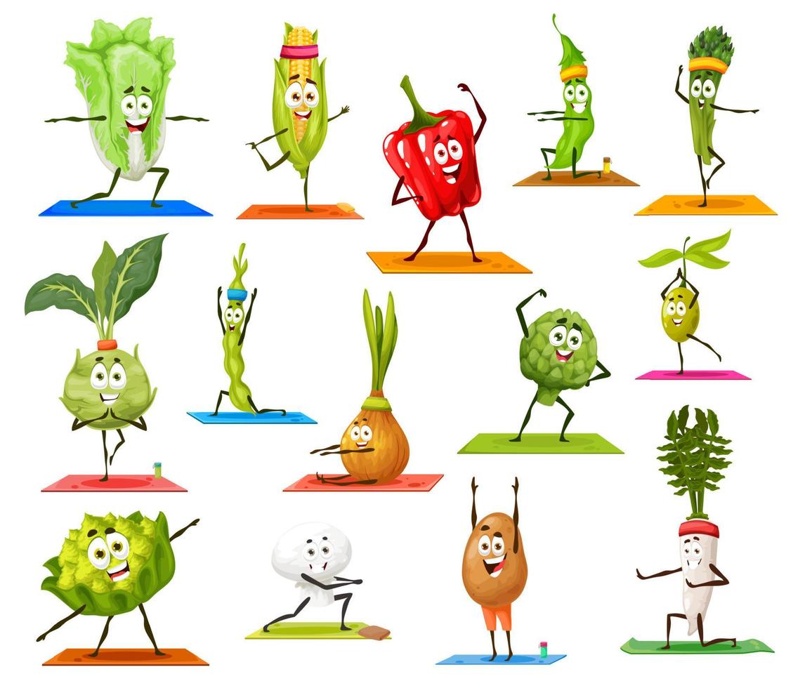 personajes vegetales de dibujos animados sobre yoga y pilates vector