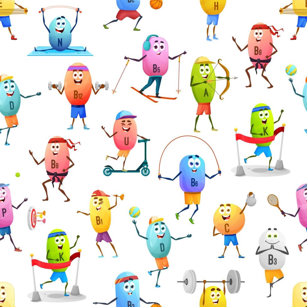 Cartoon vitamin characters seamless pattern vector