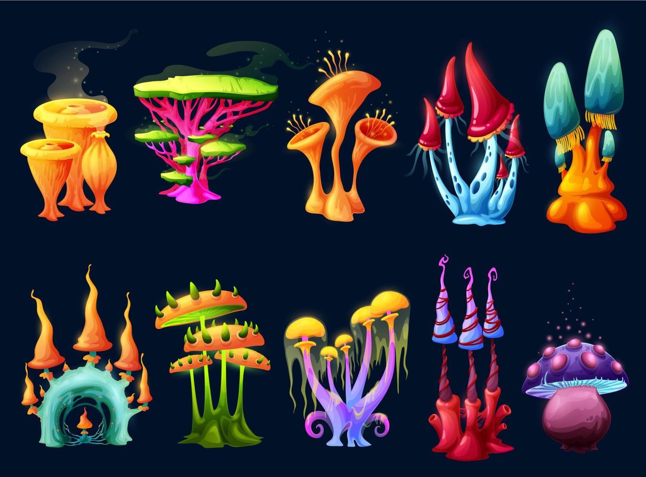 Fantasy magic cartoon mushroom, alien forest plant vector