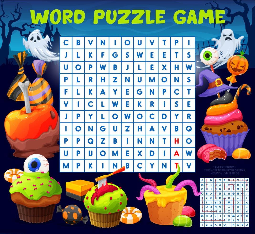 Halloween sweets wordsearch puzzle game worksheet vector