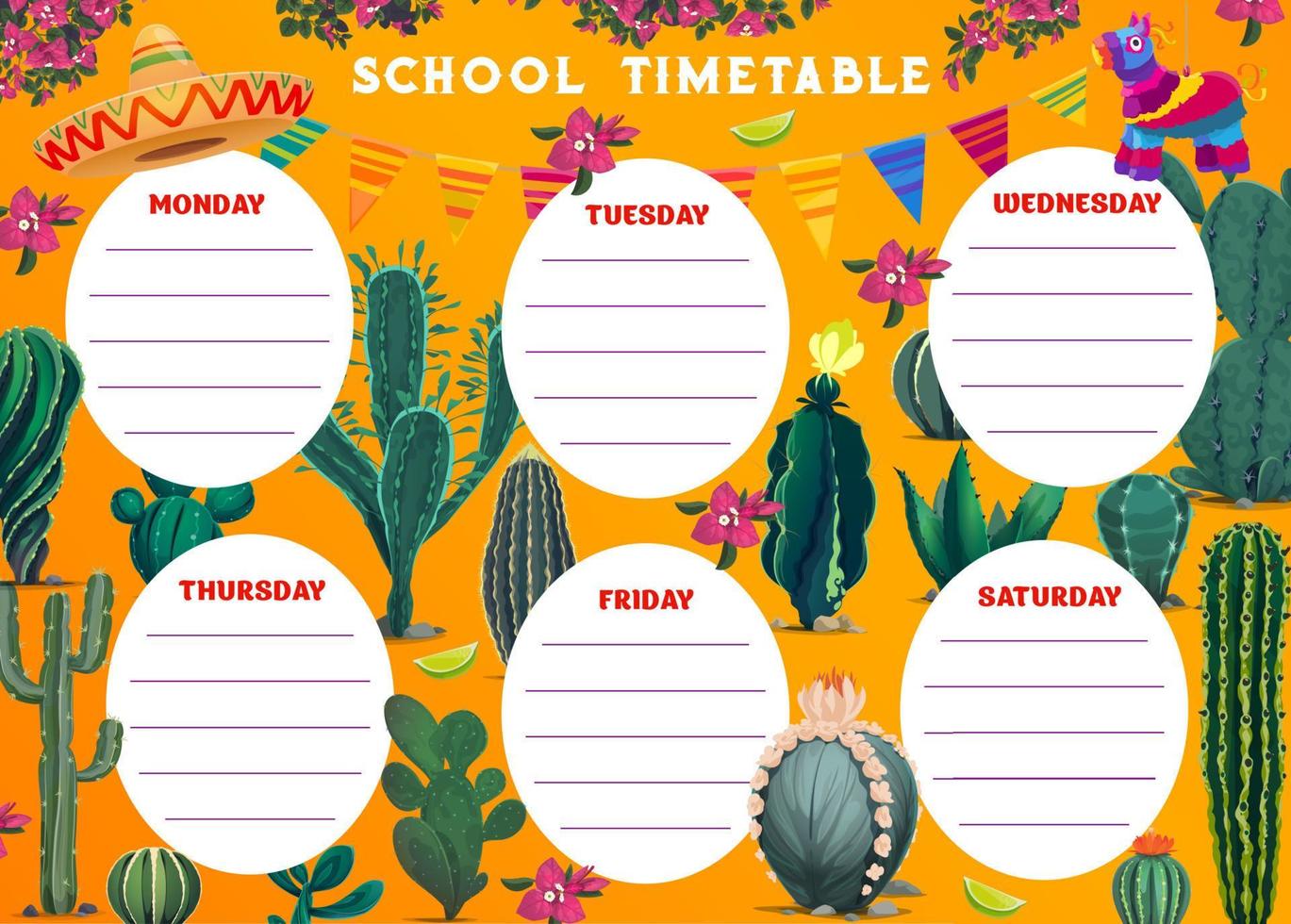 Education timetable schedule with Mexican cactuses vector