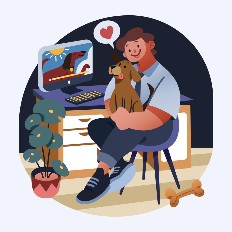 An Employee With His Dog Watching A Video After Work vector