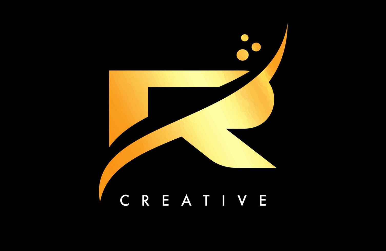 diseño de logotipo de letra r dorada con elegante swoosh creativo y vector de puntos
