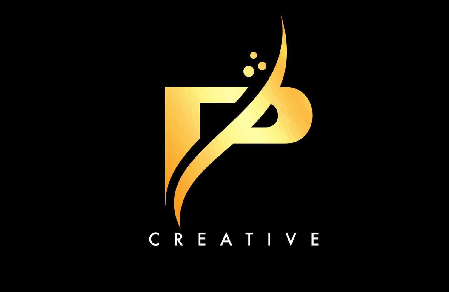 Golden P Letter Logo Design with Elegant Creative Swoosh and Dots Vector