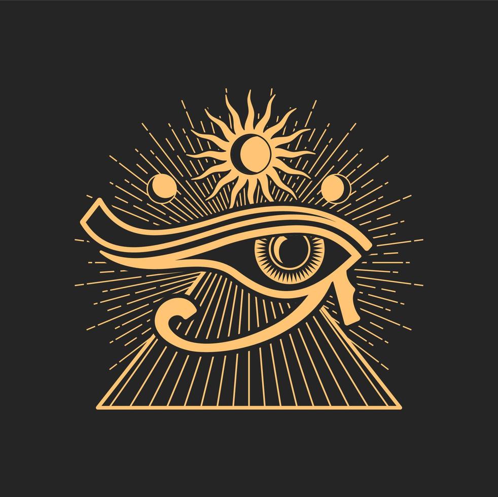 Horus eye ancient Egyptian sign, pyramid and sun vector