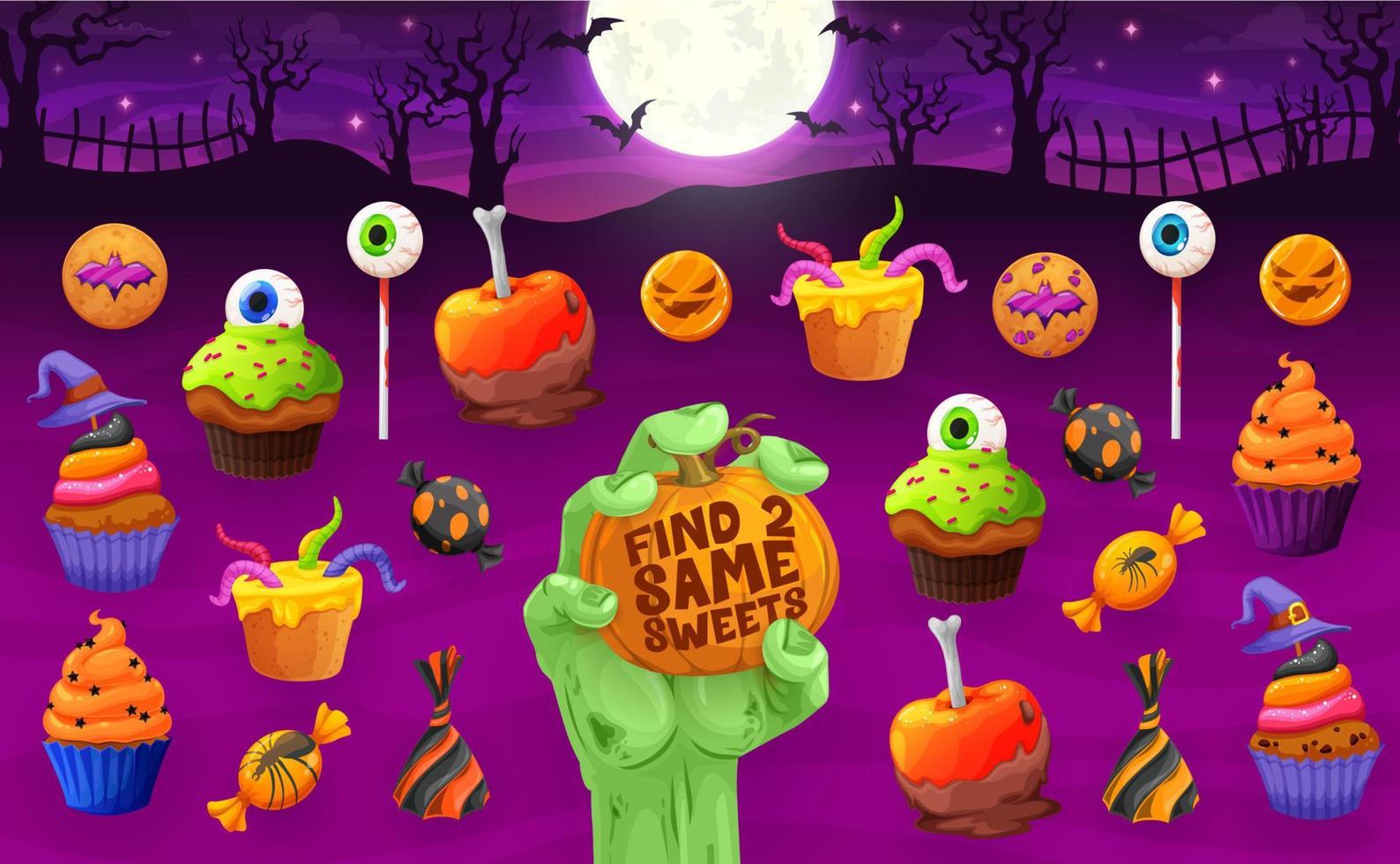 Find two same Halloween sweets, cookie and cakes vector