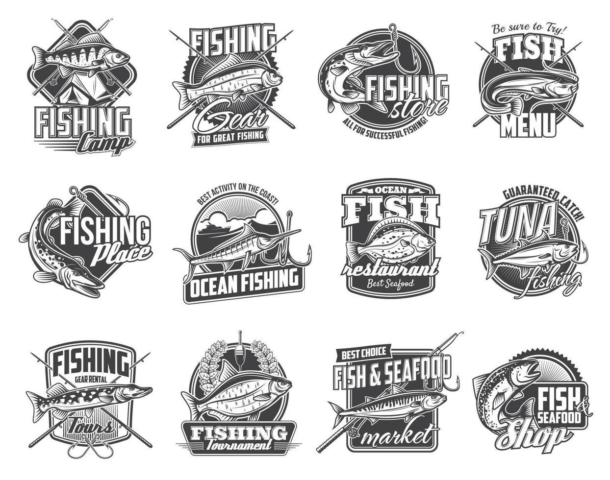 Fish with fisherman tackle, fishing isolated icons vector