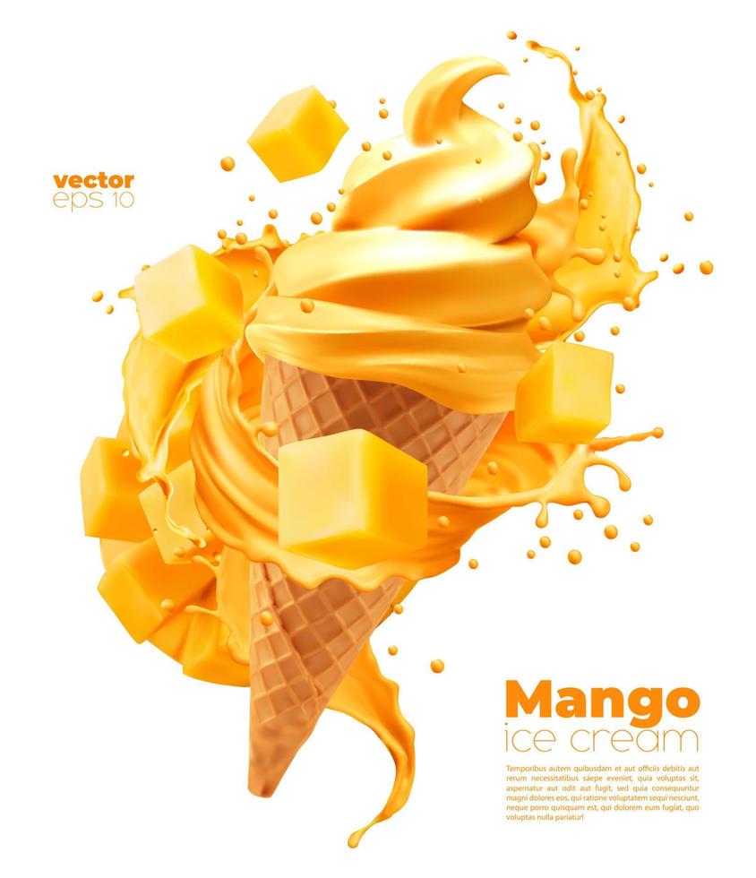 cono de helado suave de mango aislado con salpicadura vector