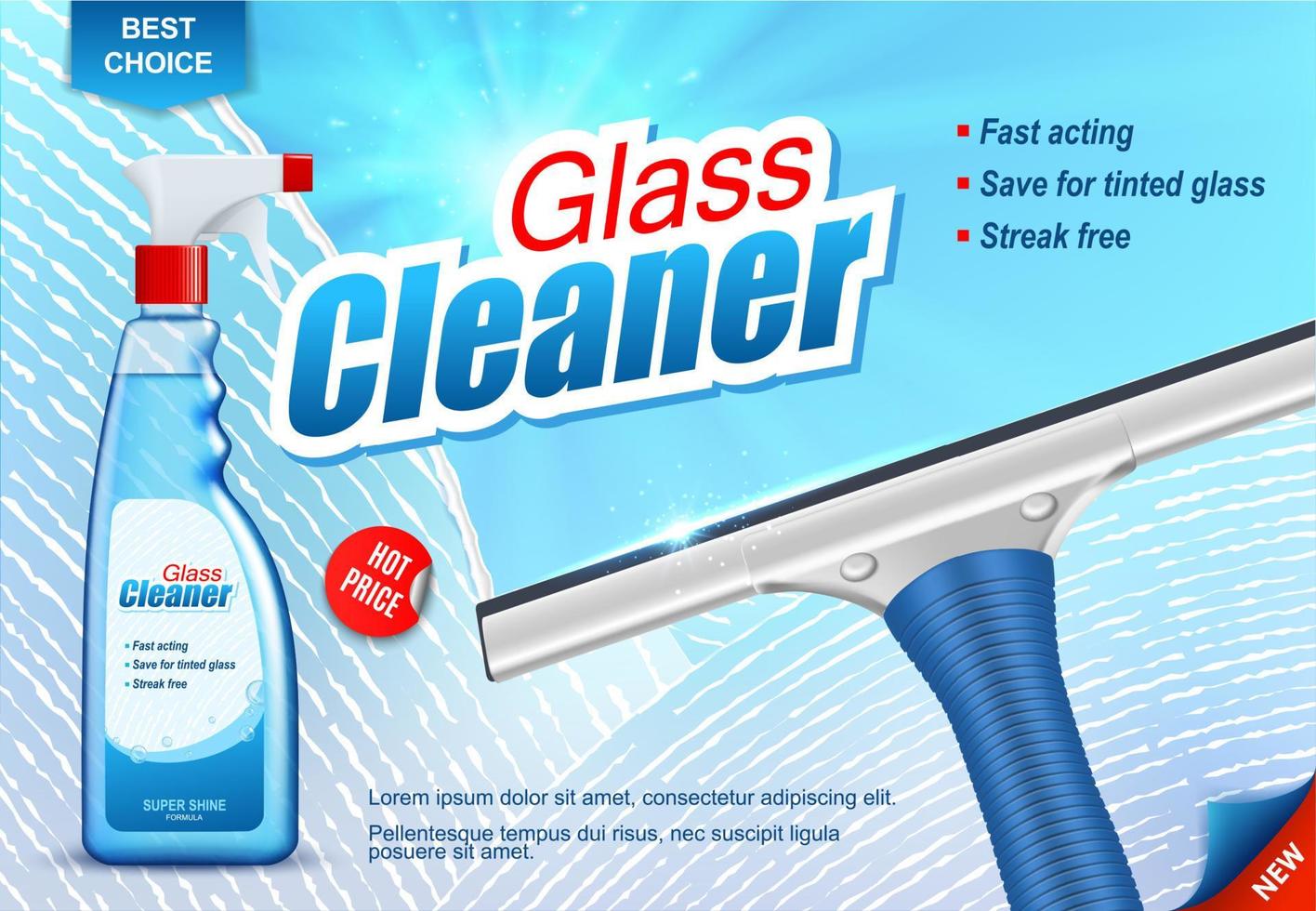 Window glass cleaner, cleaning spray and squeegee vector