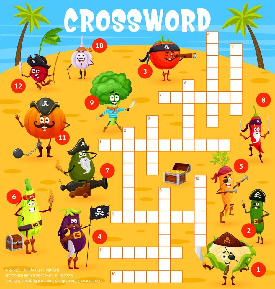 Crossword grid, find a word quiz. Cartoon pirates vector