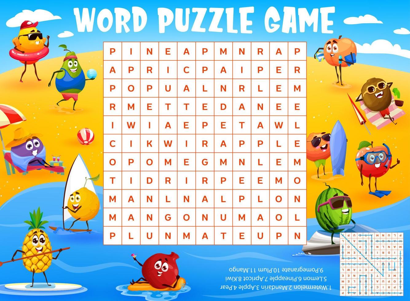 Cartoon fruit on beach vacation word search puzzle vector