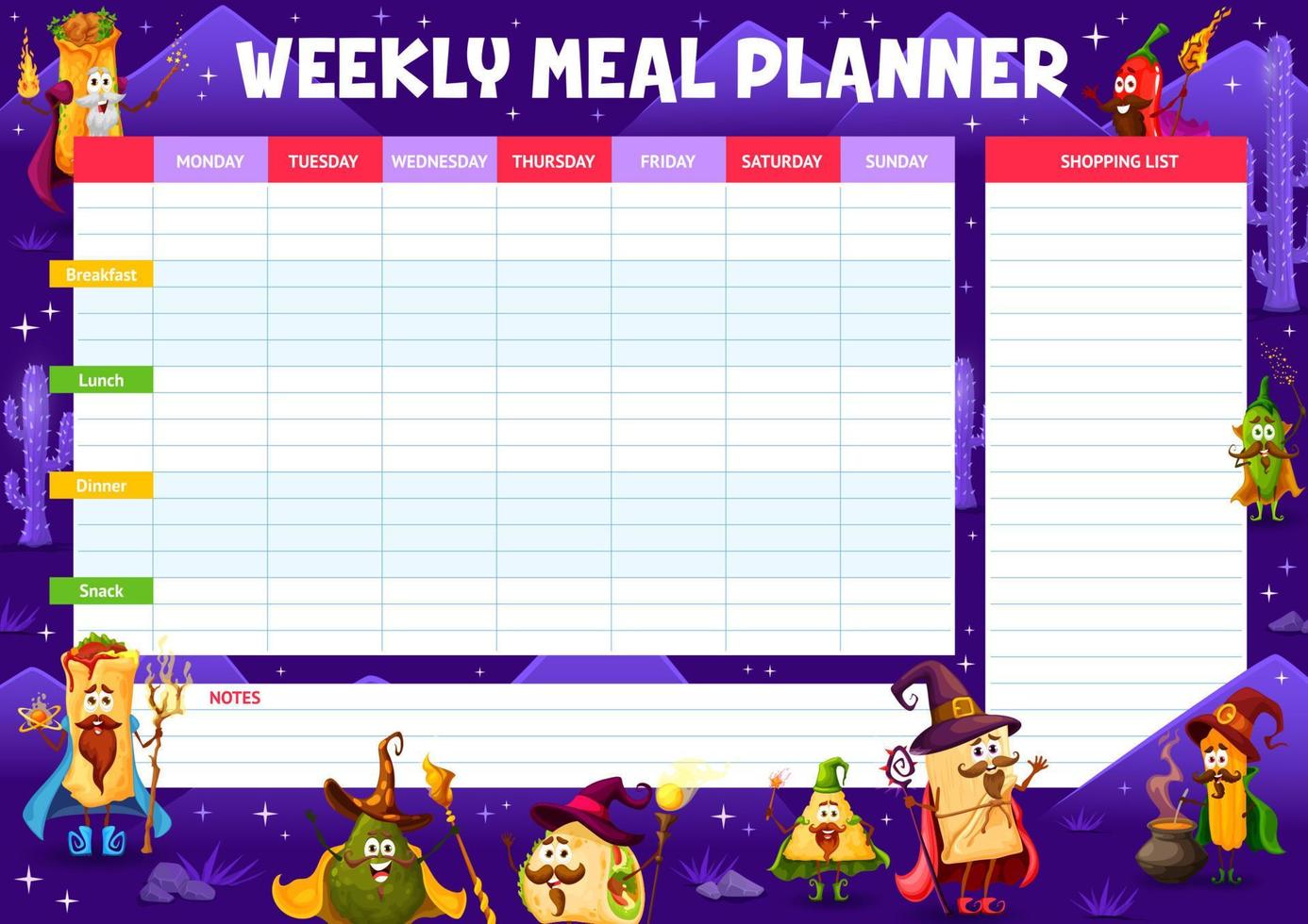 Weekly meal planner schedule, Mexican food wizards vector