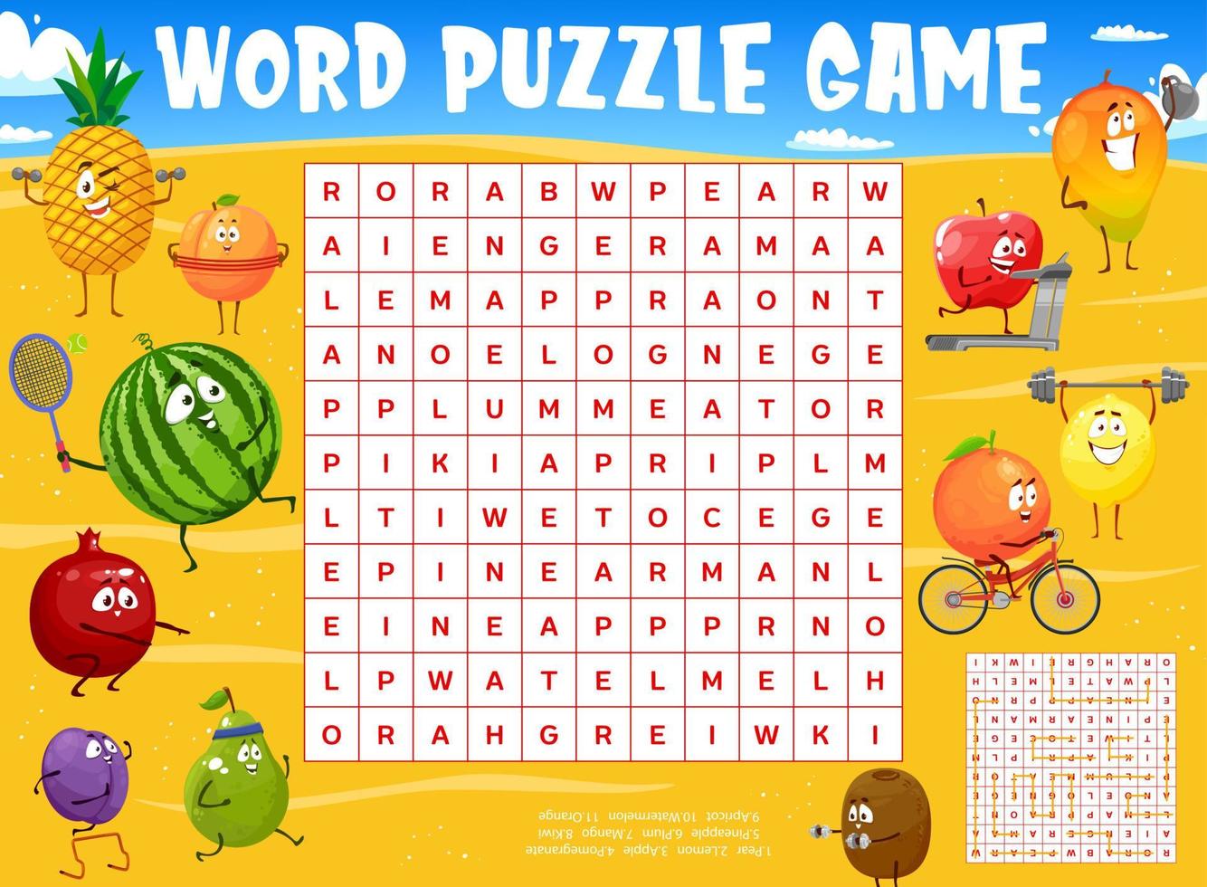 Cute fruits characters on beach word search puzzle vector