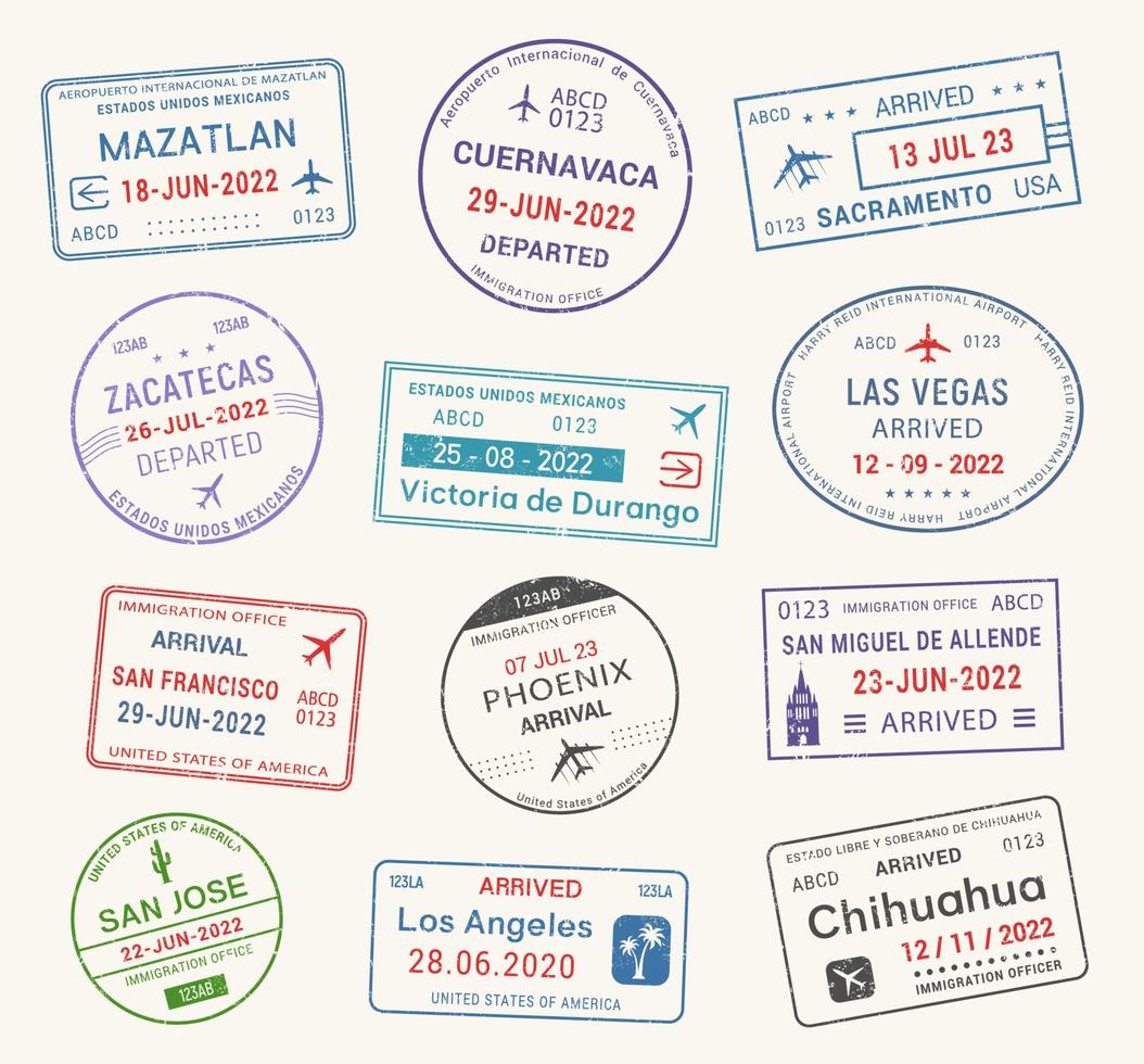 sellos de viaje del pasaporte, estados unidos, visa del aeropuerto de méxico vector