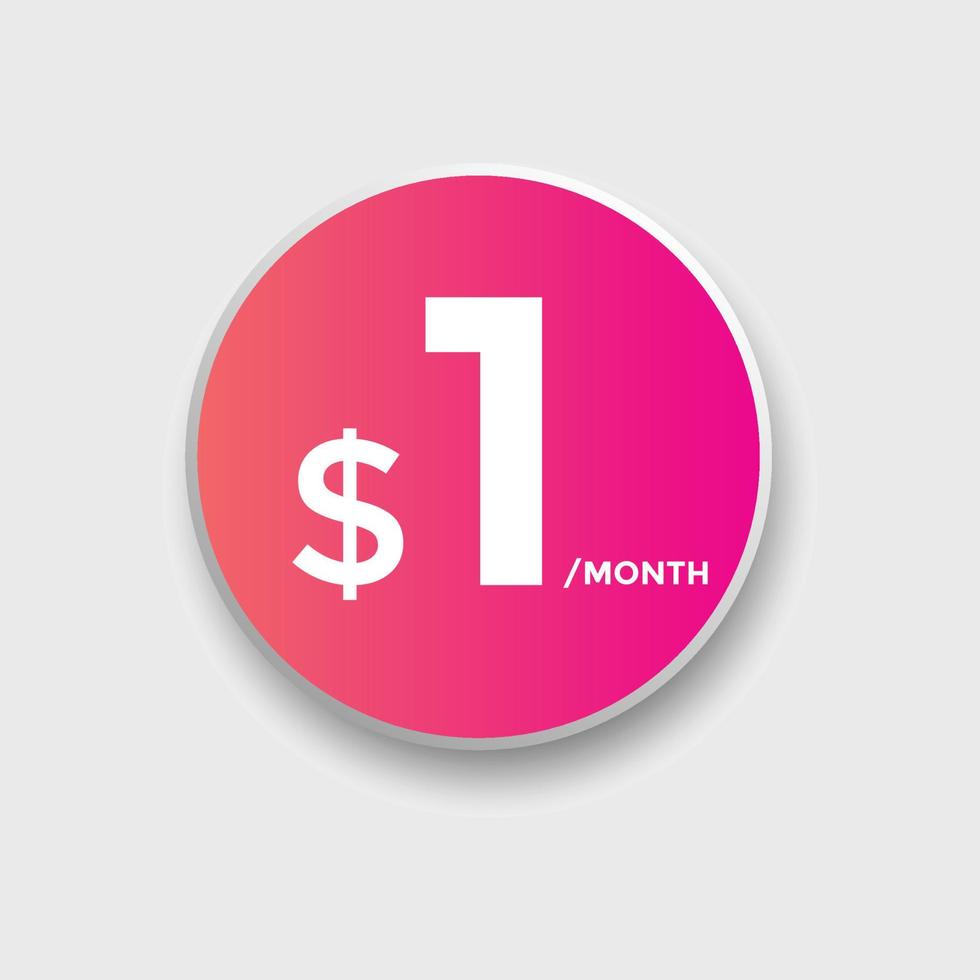 1 dollar USD a month. 1 Dollar price tag label in USD. one dollar Price tag template vector