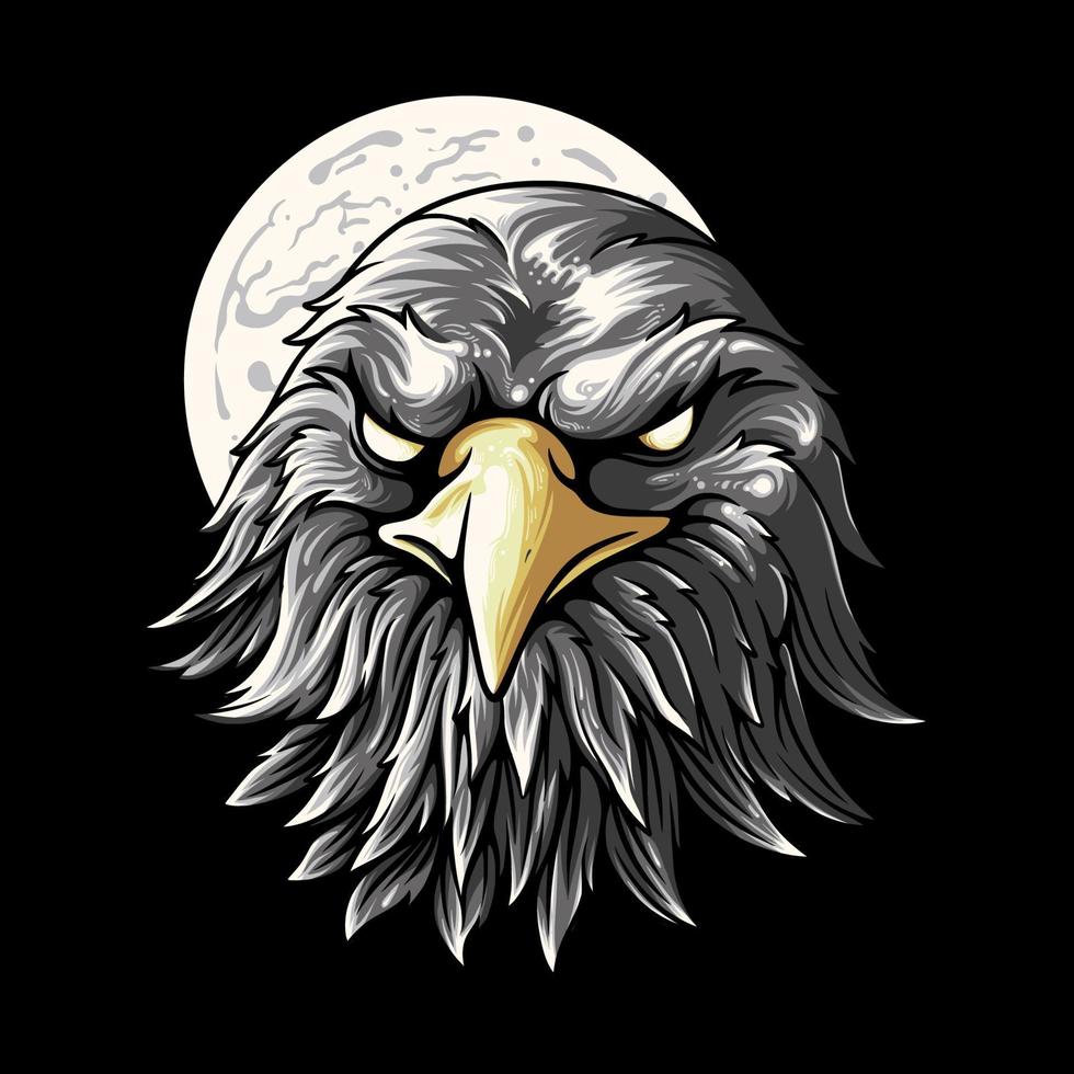 Vector Illustration Colored Front View of the Eagle Head With Moon Background vintage illustration