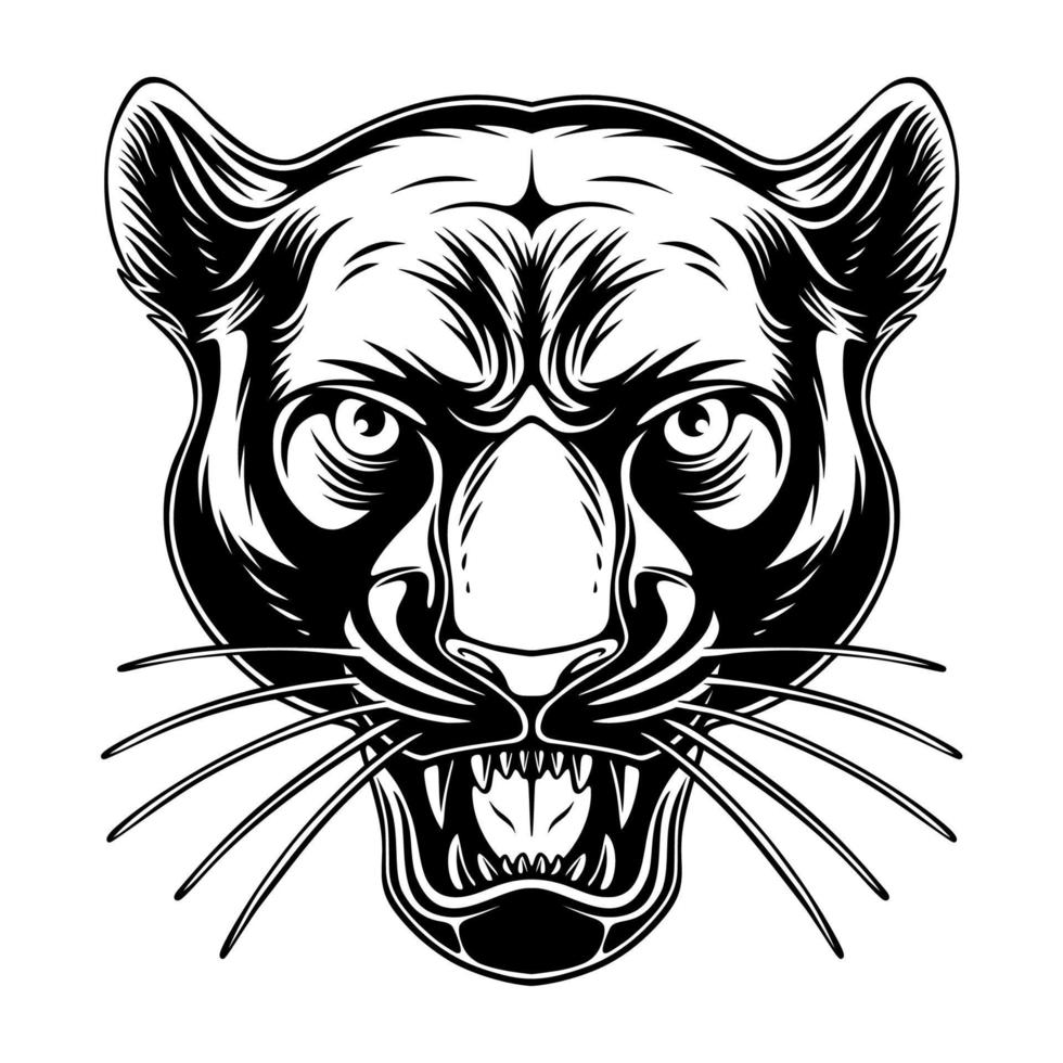 cabeza de pantera de ilustración vectorial con posición fresca y diseño rugiente en blanco y negro vector