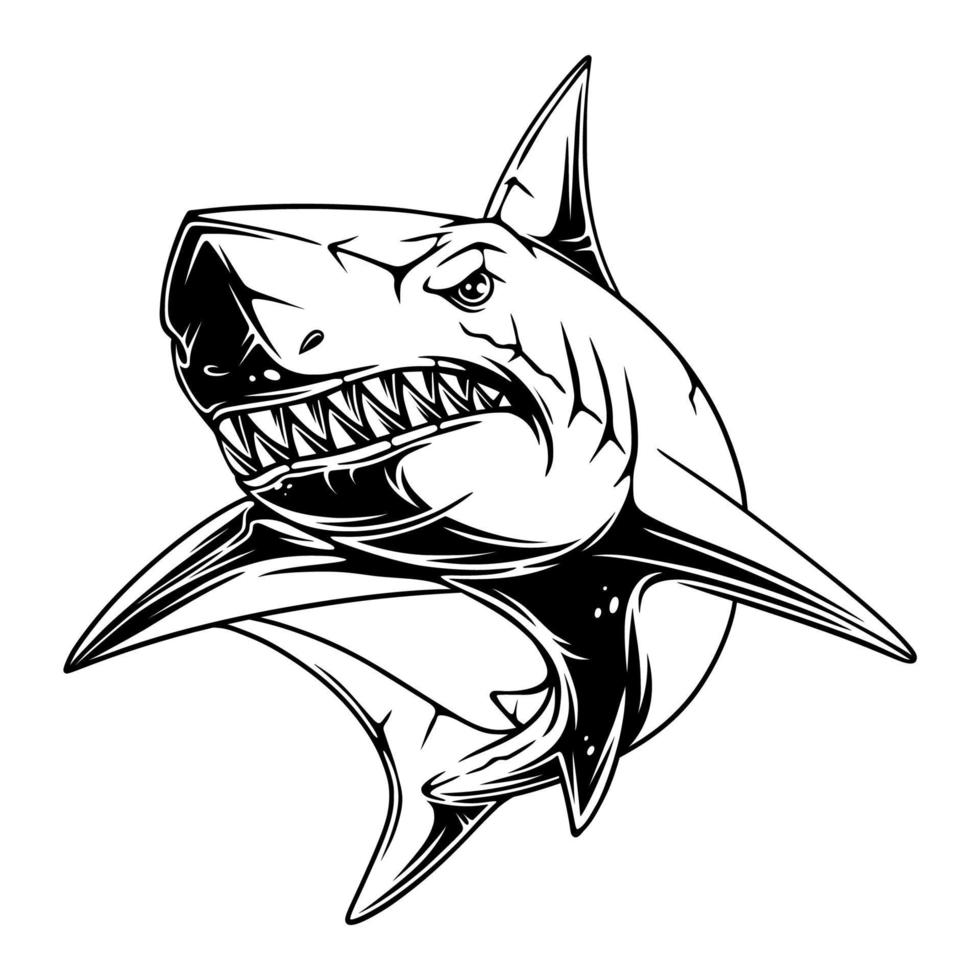 ilustración vectorial tiburón con una posición fresca y espeluznante con dientes afilados diseño en blanco y negro vector