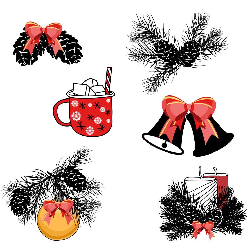 Christmas set of icons with bells, ribbon bow, candles, pine cones and branches, and mug of hot chocolate with marshmallows vector