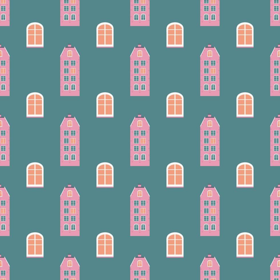 Pattern of pink house and window on green background. Vector image for use in website design or textiles