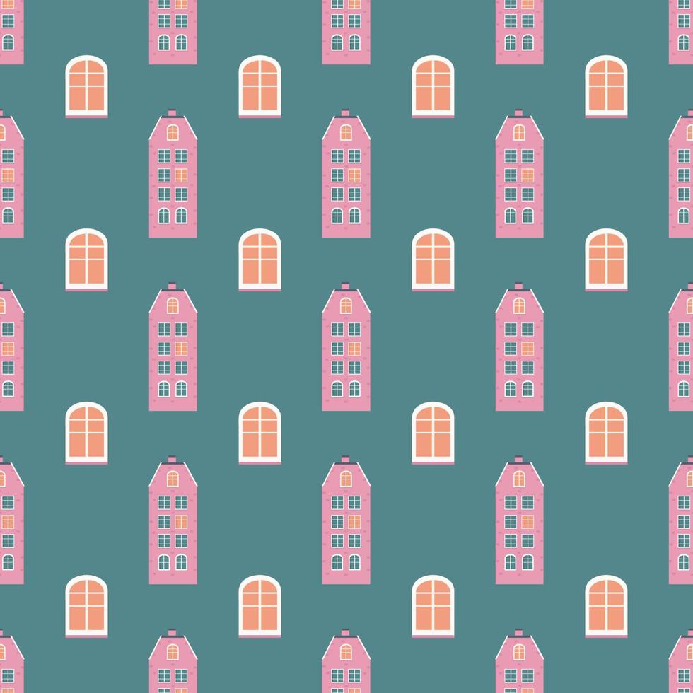 Pattern of pink house and window on green background. Vector image for use in website design or textiles